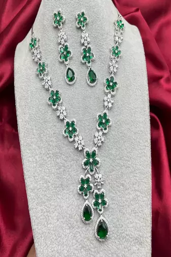 Emerald green floral necklace earring set | silver plated bridal jewelry