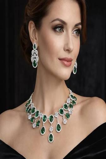 Emerald green teardrop bridal jewelry set: crystal cz choker necklace & earrings