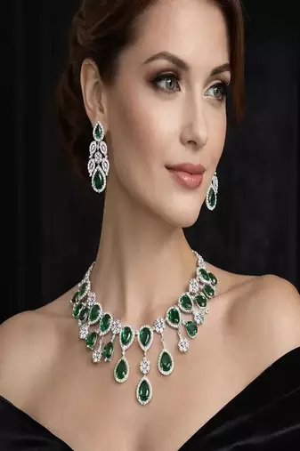 Emerald green teardrop bridal jewelry set: crystal cz choker necklace & earrings