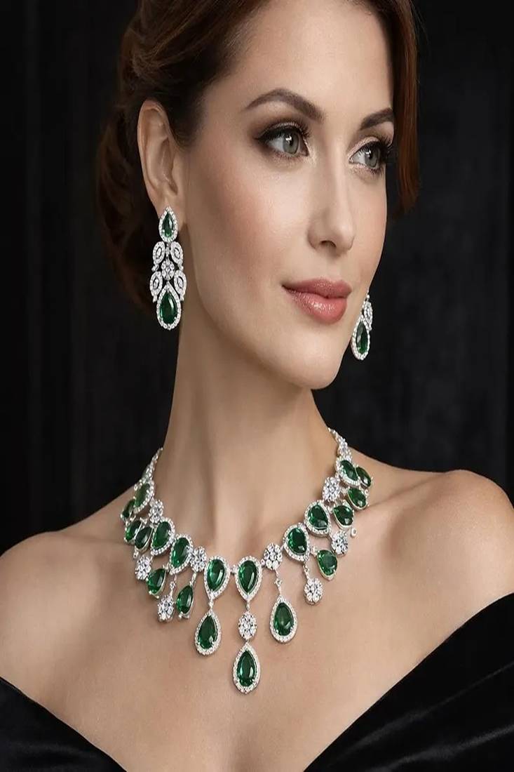 Emerald green teardrop bridal jewelry set: crystal cz choker necklace & earrings