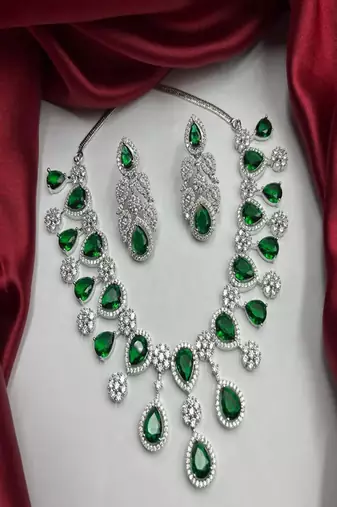 Emerald green teardrop bridal jewelry set: crystal cz choker necklace & earrings