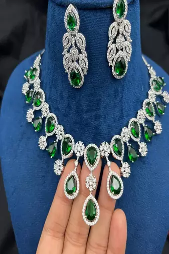 Emerald green teardrop bridal jewelry set: crystal cz choker necklace & earrings