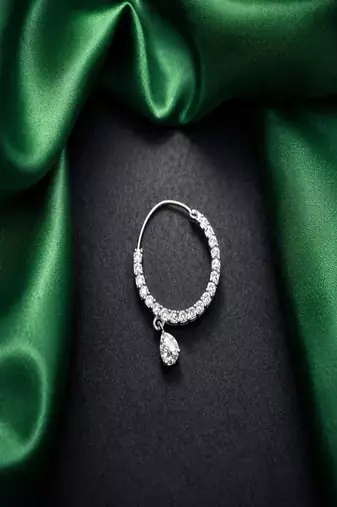 Crystal teardrop nose ring | silver indian nath, pierced