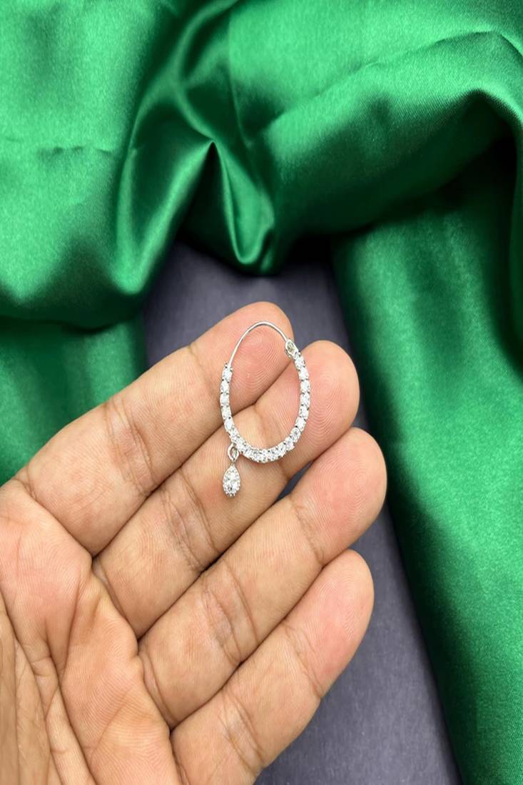 Crystal teardrop nose ring | silver indian nath, pierced