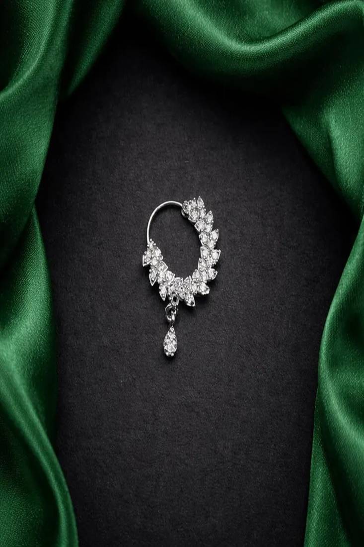 Cz stone floral nose ring | silver indian nath bridal jewelry