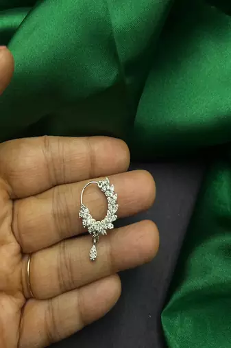 Cz stone floral nose ring | silver indian nath bridal jewelry