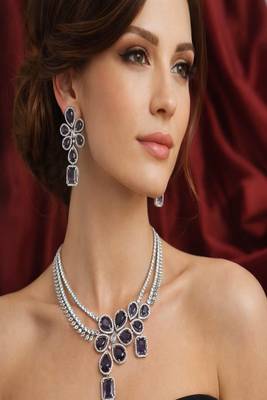 Purple stone bridal jewelry set: silver plated cz necklace and earrings 1