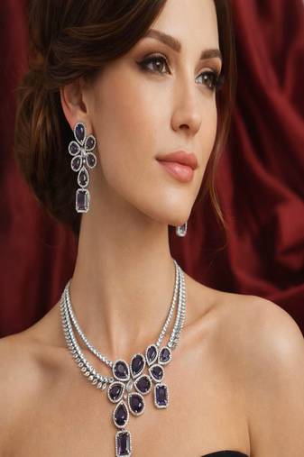 Purple stone bridal jewelry set: silver plated cz necklace and earrings