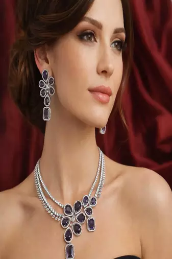 Purple stone bridal jewelry set: silver plated cz necklace and earrings