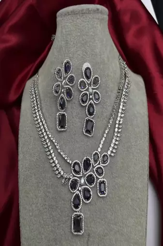 Purple stone bridal jewelry set: silver plated cz necklace and earrings