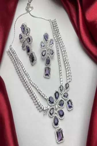 Purple stone bridal jewelry set: silver plated cz necklace and earrings