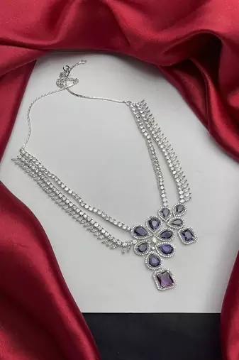Purple stone bridal jewelry set: silver plated cz necklace and earrings