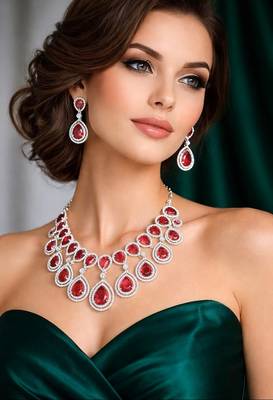 Ruby red teardrop necklace & earrings set – silver cz bridal jewelry 1