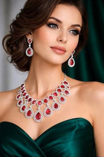 Ruby red teardrop necklace & earrings set – silver cz bridal jewelry