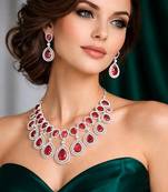 Ruby red teardrop necklace & earrings set – silver cz bridal jewelry