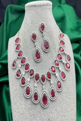 Ruby red teardrop necklace & earrings set – silver cz bridal jewelry 2
