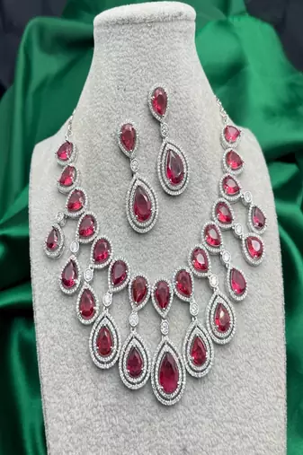 Ruby red teardrop necklace & earrings set – silver cz bridal jewelry