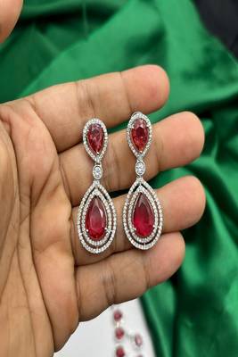 Ruby red teardrop necklace & earrings set – silver cz bridal jewelry 3