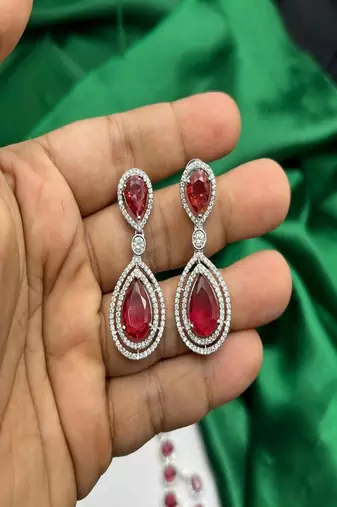 Ruby red teardrop necklace & earrings set – silver cz bridal jewelry