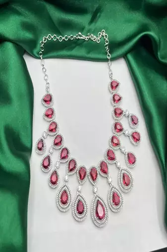 Ruby red teardrop necklace & earrings set – silver cz bridal jewelry