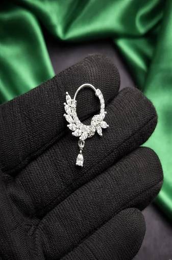 Silver cz leaf bridal nath | indian teardrop nose ring