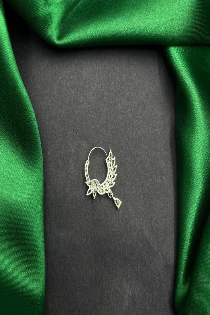 Silver cz leaf bridal nath | indian teardrop nose ring