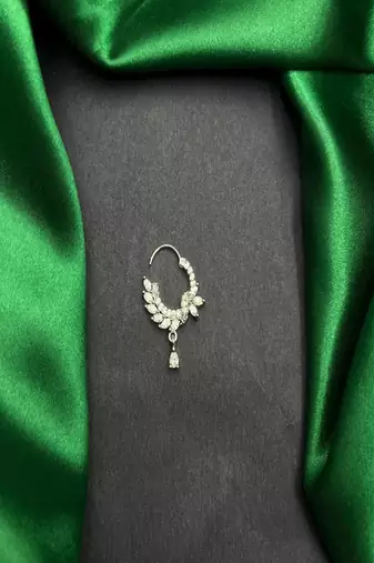 Silver cz leaf bridal nath | indian teardrop nose ring