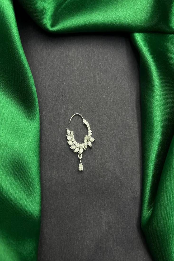 Silver cz leaf bridal nath | indian teardrop nose ring