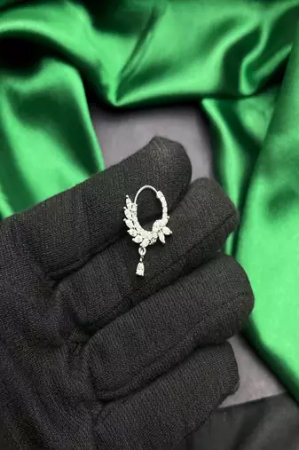 Silver cz leaf bridal nath | indian teardrop nose ring