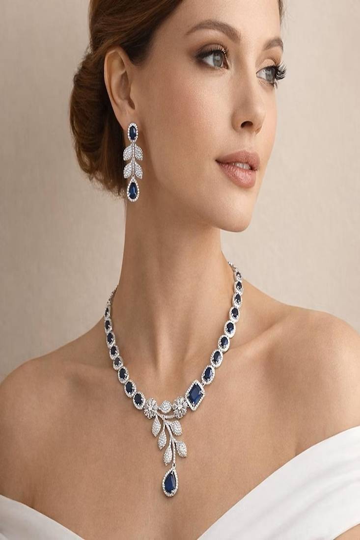 Blue sapphire cz bridal jewelry set | silver plated wedding necklace earrings
