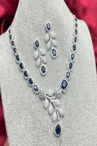 Blue sapphire cz bridal jewelry set | silver plated wedding necklace earrings