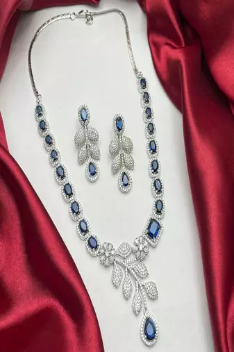 Blue sapphire cz bridal jewelry set | silver plated wedding necklace earrings