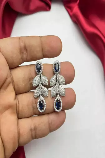 Blue sapphire cz bridal jewelry set | silver plated wedding necklace earrings