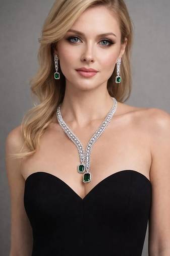 Emerald green ad bridal jewelry set | american diamond necklace & earrings