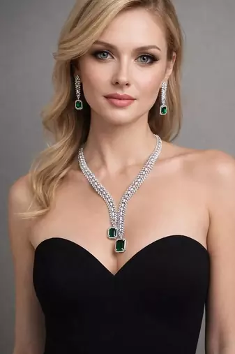 Emerald green ad bridal jewelry set | american diamond necklace & earrings