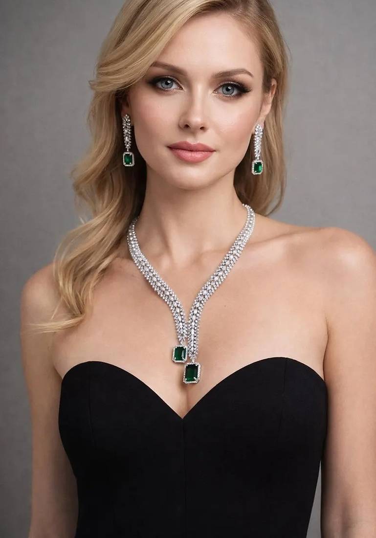 Emerald green ad bridal jewelry set | american diamond necklace & earrings