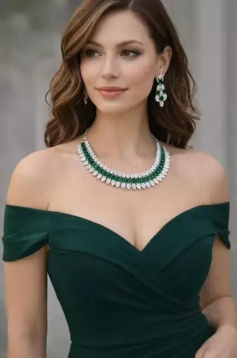 Emerald green cz choker necklace set: sterling silver bridal jewelry