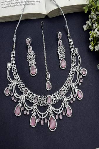 Bridal pink stone choker necklace set: cz diamond indian wedding jewelry