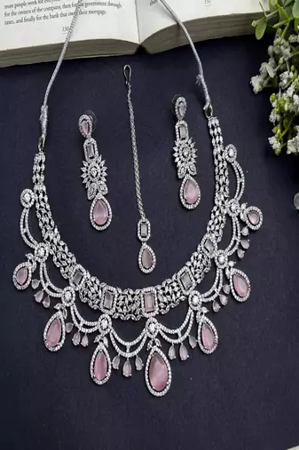 Bridal pink stone choker necklace set: cz diamond indian wedding jewelry