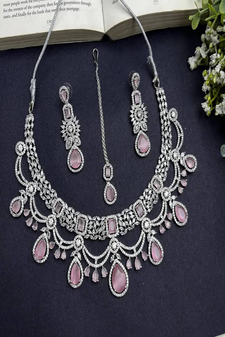 Bridal pink stone choker necklace set: cz diamond indian wedding jewelry
