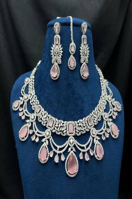 Bridal pink stone choker necklace set: cz diamond indian wedding jewelry 2