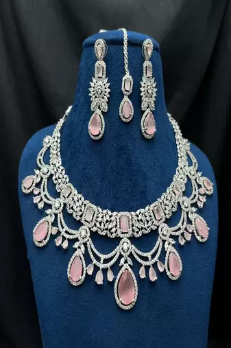 Bridal pink stone choker necklace set: cz diamond indian wedding jewelry