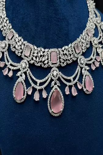 Bridal pink stone choker necklace set: cz diamond indian wedding jewelry