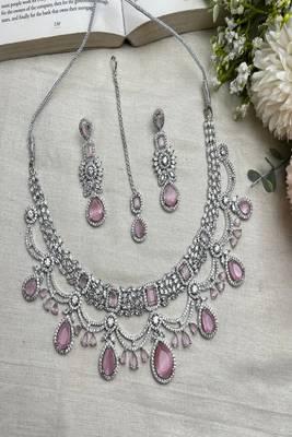 Bridal pink stone choker necklace set: cz diamond indian wedding jewelry 5