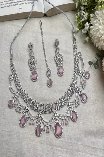 Bridal pink stone choker necklace set: cz diamond indian wedding jewelry