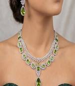 Emerald green bridal jewelry set|silver-plated necklace, earrings, maangtika