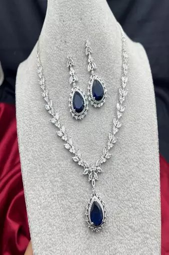 Royal blue teardrop crystal necklace earrings set – bridal statement jewelry