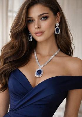Royal blue sapphire necklace & earrings set|silver cz bridal jewelry 1