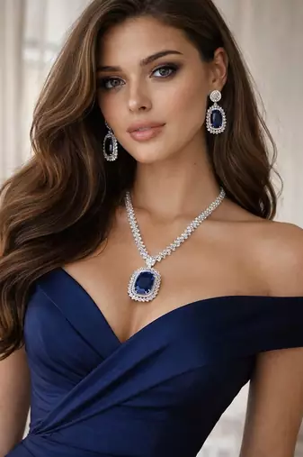 Royal blue sapphire necklace & earrings set|silver cz bridal jewelry