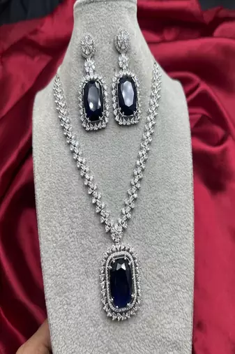 Royal blue sapphire necklace & earrings set|silver cz bridal jewelry